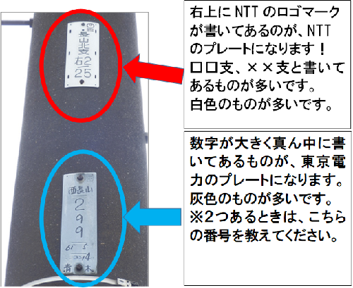 右上にNTTのロゴマークが書いてあるものが、NTTのプレート。数字が中央に大きく書いてあるのが、東京電力のプレート。両方のプレートがある場合、東京電力のプレートの数字を教えてください。
