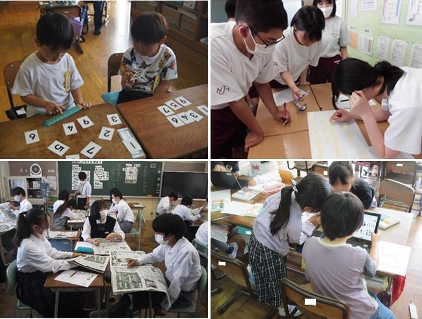 小中学校での教室での学習風景、グループ内で活発に意見を出し合いながら学習している様子を写した画像