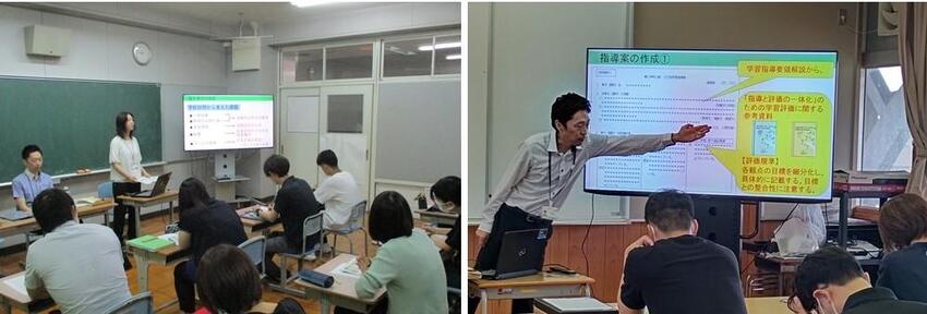 校内研修会で指導主事の講義を熱心に聞いている教員の様子を写した画像