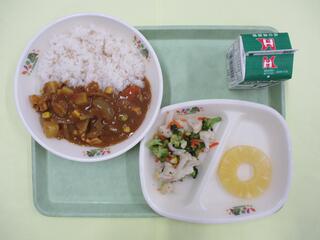 野菜たっぷりカレーライス (麦ご飯･野菜たっぷりカレー) ・牛乳・ ブロッコリーのサラダ ・パインアップル