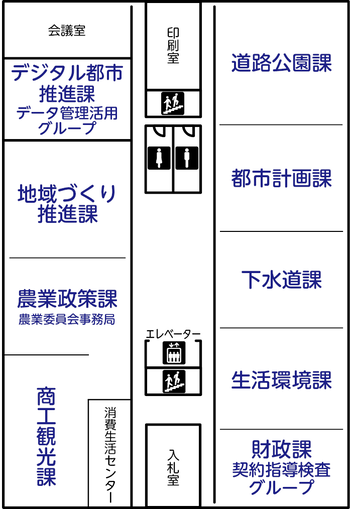 4階にはデジタル都市推進課、地域づくり推進課、農業政策課、農業委員会事務局、商工観光課、消費生活センター、道路公園課、都市計画課、下水道課、生活環境課、財政課契約指導検査グループがあります