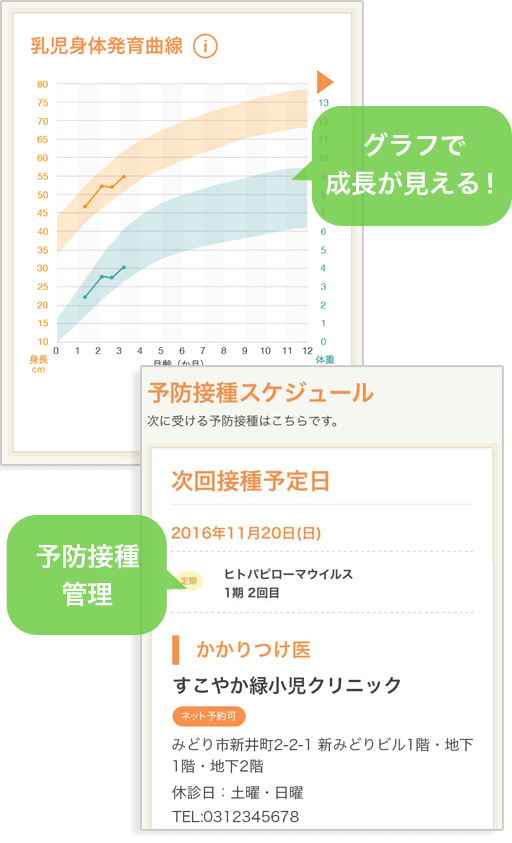 成長グラフ・予防接種スケジュール-画面サンプル