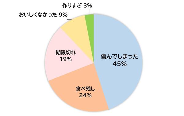 傷んでしまった45％、食べ残し24％、期限切れ19％、おいしくなかった9％、作りすぎ3％
