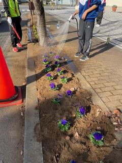 植えた花苗に水をあげている写真