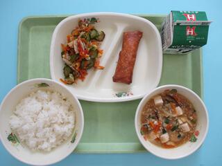 ご飯 ・牛乳 ・春巻き・ りっちゃんサラダ・ 豆腐の中華煮