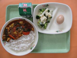 小松菜豆カレーライス（麦ご飯・小松菜豆カレー）・ 牛乳・ しょうゆたまご ・花野菜サラダ