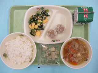 ご飯・牛乳 ・しゅうまい ・しらすと小松菜の卵とじ・ おこげ中華スープ （中華スープ・おこげ）