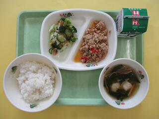ガパオライス(ご飯・ガパオライスの具)・牛乳・グリーンサラダ・エビ団子のゲーン