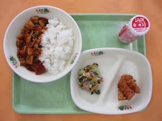 ハヤシライス（麦ご飯）・発酵乳（いちご）・ 鶏肉のから揚げ ・スタミナサラダ