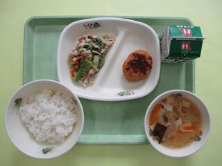 ご飯・ 牛乳・ かつおカツ・ 豚肉と菜の花のサラダ・ たけのこのみそ汁
