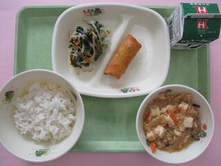 ご飯 ・牛乳・ カレー春巻き・ ほうれん草のナムル ・マーボー豆腐