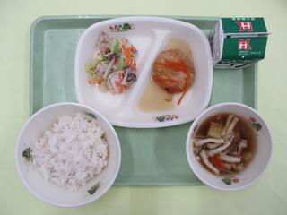 ご飯・ 牛乳・ 豆腐ハンバーグ和風あん・ 豚肉ときのこのサラダ・ さけとおいものみそ汁