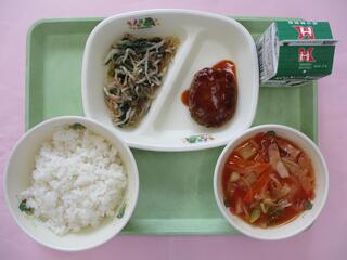 ご飯・ 牛乳・ ハンバーグデミグラスソース ・ツナおかかサラダ・ 具材たっぷりミネストローネ