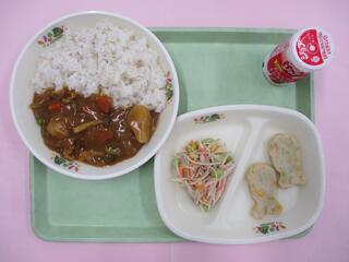ポークカレーライス （麦ご飯・ポークカレー）・ 発酵乳（ストロベリー）・ お魚かまぼこ ・ごぼうサラダ