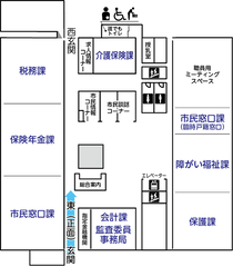 1階には、税務課、保険年金課、市民窓口課、介護保険課、市民窓口課臨時窓口(夏頃から)、障がい福祉課、保護課、会計課、監査委員事務局があります
