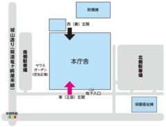 本庁舎を中央に、南側駐車場・北側駐車場、本庁舎奥に附属棟、北側駐車場横に保健福祉棟があります。