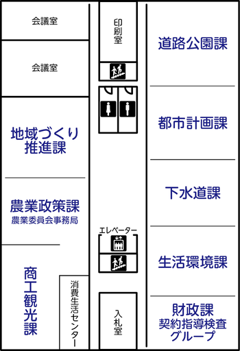 4階には地域づくり推進課、農業政策課、農業委員会事務局、商工観光課、消費生活センター、道路公園課、都市計画課、下水道課、生活環境課、財政課契約指導検査グループがあります