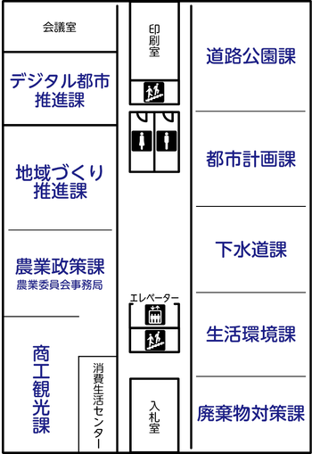 4階にはデジタル都市推進課、地域づくり推進課、農業政策課、農業委員会事務局、商工観光課、消費生活センター、道路公園課、都市計画課、下水道課、生活環境課、廃棄物対策課があります